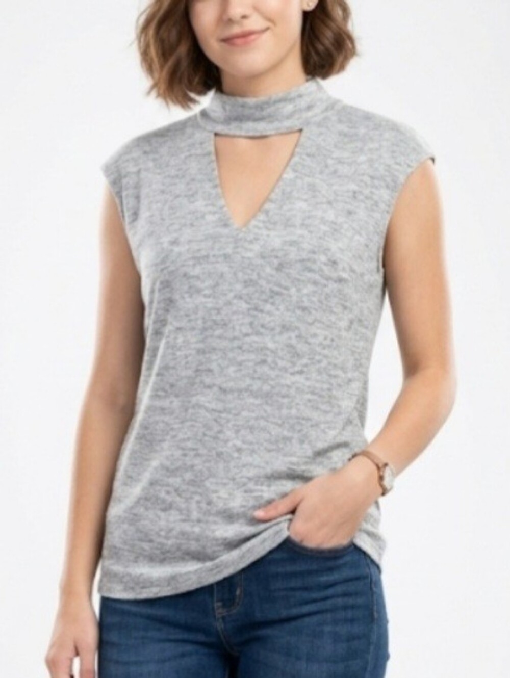 Sleeveless Gray Mock Neck Keyhole Top Size XL Buisness Casual